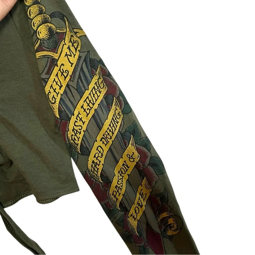 Y2K RARE lucky brand L/XL shrug cardigan arm tattoo dagger PRINT arm sleeve tie - Picture 3 of 14